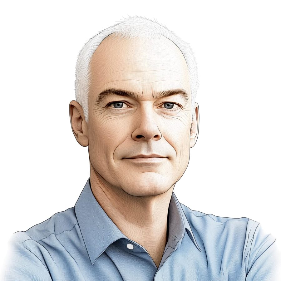 Illustrated portrait of Jim Collins